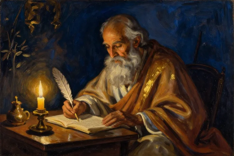 A Vedic sage writing scripture by candlelight